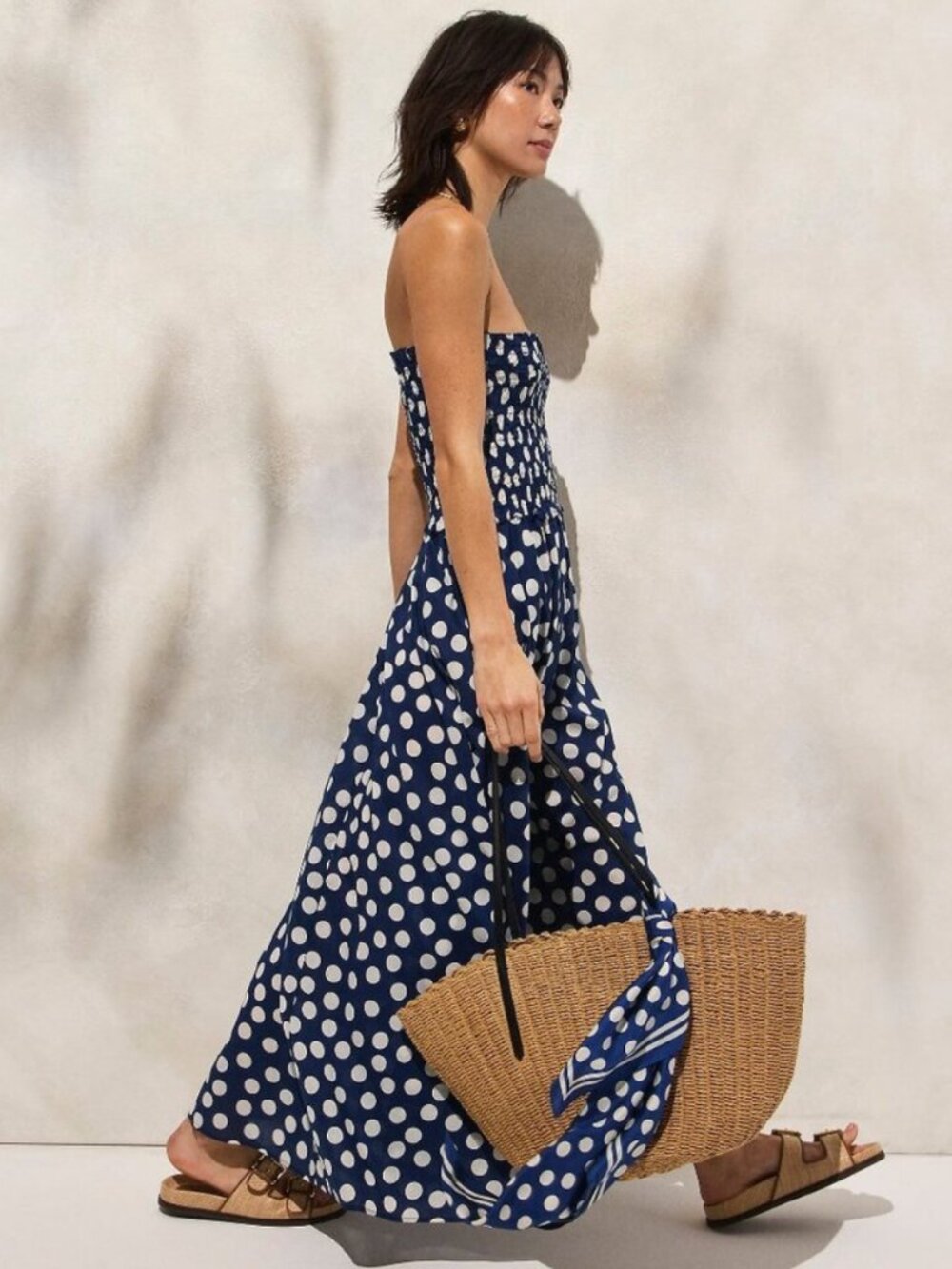 J. Crew Smocked Maxi Dress with Straps in Cotton Voile Navy Polka Dot Size S - Picture 3 of 13